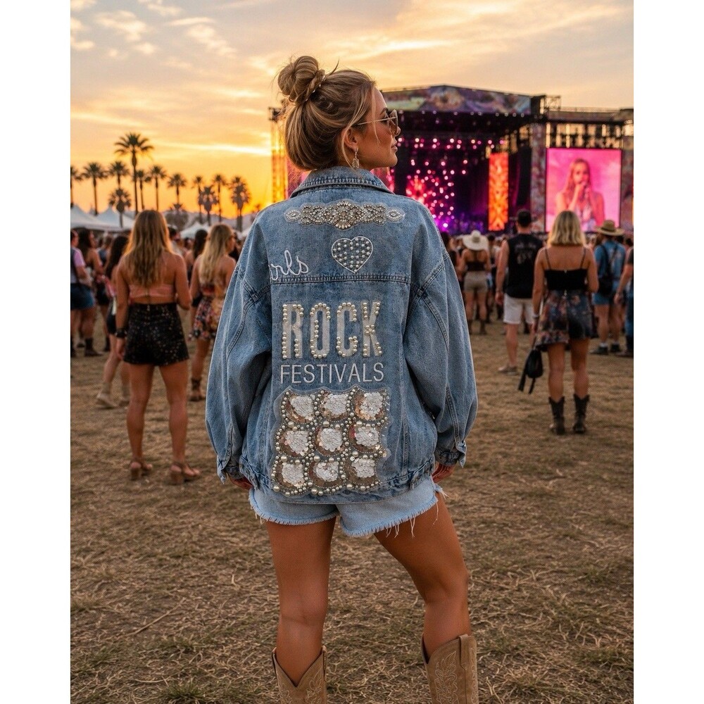 Embellished Denim Jacket Women’s L Festival Wear Pearls Rhinestones Sequins Rock